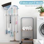 White Broom Holder Wall Mount - Heavy Duty Wood Mop and Broom Organizer with 5 Slots & 4 Hooks - Garden Tool Hanger for Laundry Room Closet Kitchen Garage Storage and Organization - Modern Home Decor - Image 2