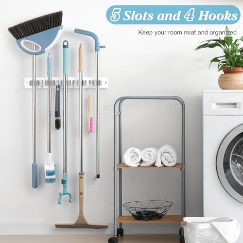 White Broom Holder Wall Mount - Heavy Duty Wood Mop and Broom Organizer with 5 Slots & 4 Hooks - Garden Tool Hanger for Laundry Room Closet Kitchen Garage Storage and Organization - Modern Home Decor - Image 2