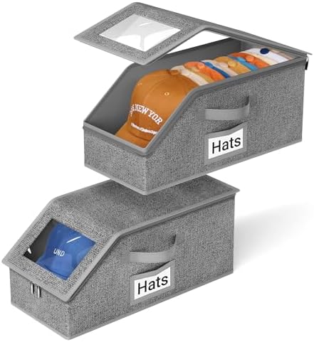 AOODA 2 PCS Stackable Hat Storage for Baseball Caps, Holds up to 24 Caps Cap Organizer for Closet, Sturdy Hat Boxes for Men with Cardboard, Slate Grey by AOODA