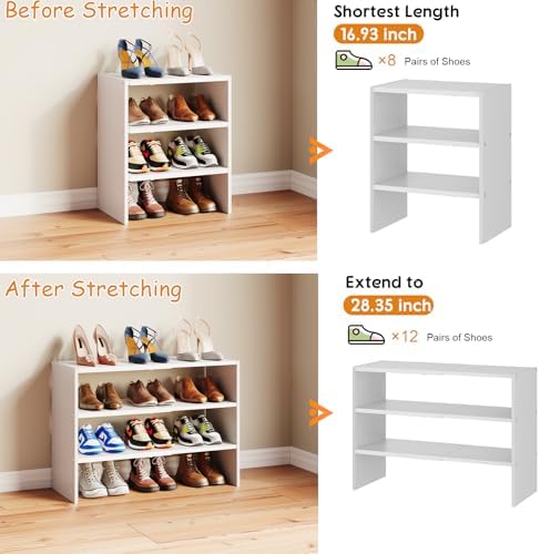 3-Tier Expandable White Shoe Rack Organizer for Closet, Stackable Shoe Racks Storage Shelf, Small Metal Wood Combination Shoe Shelves for Closets,Entryway,Front Door, Narrow Space,Hallway,8-16 Pairs - Image 6