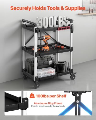 VEVOR 3 Shelf Heavy Duty Folding Jobsite Cart, 3 Tier Rolling Cart with Side Tool Holder & 360° Swivel Wheels (2 Brakes), 300 LBS Folding Utility Cart, Tool Storage for Garage Warehouse Workshop - Image 3