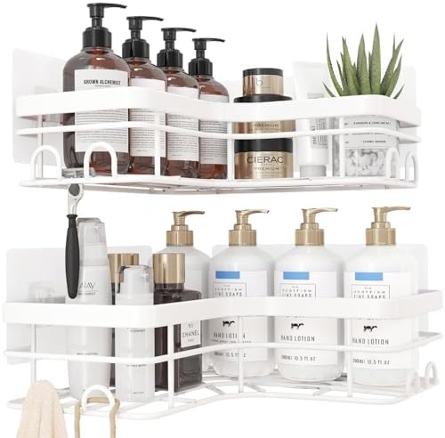 Sakugi Corner Shower Caddy - 2 Pack, Adhesive Shower Organizers, Rustproof Stainless Steel Shower Shelves with 8 Hooks, No Drilling Bathroom Organizers and Storage Racks, Space-Saving, White, X-Large - Image 3