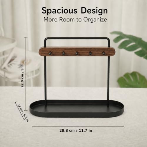 Shinpuru Key Holder Tray, Metal Stand, Walnut Wood Bar with 5 Hooks, Large - Image 4
