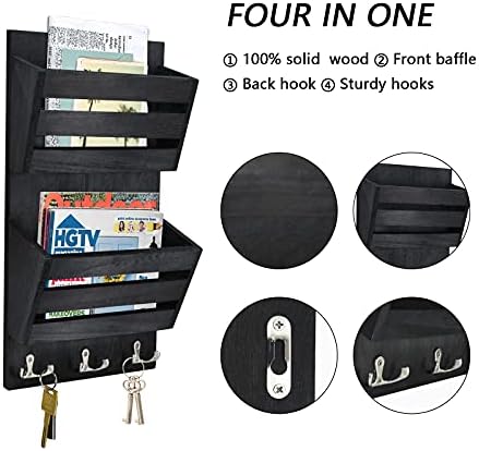 Unistyle Rustic Mail Organizer Wall Mount with 4 Key Hooks,Mail Holder Wall Mounted，Hanging Mail Organizer,Letter Holder for Wall,Key Hanger for Letter, Magazines, Keys, Dog Leashes - Image 2