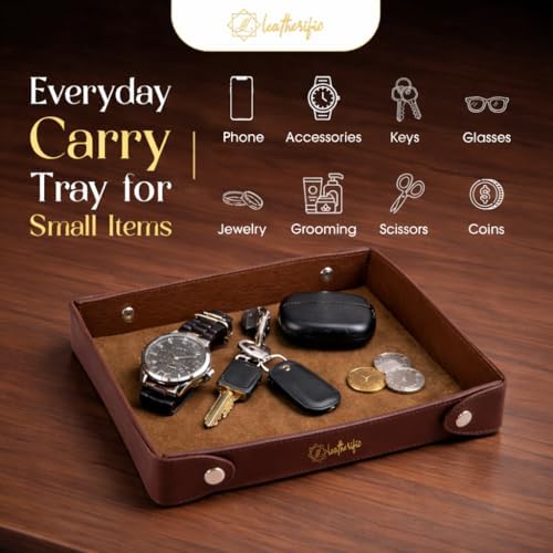 Luxe Genuine Leather Valet Chronicle Tray | Premium Handmade Multipurpose Catchall Tray, Coin Watch Key Trinket Dish for Home Office Desk, Nightstand Entryway (Russet, 11 x 9 x 1.5) - Image 6