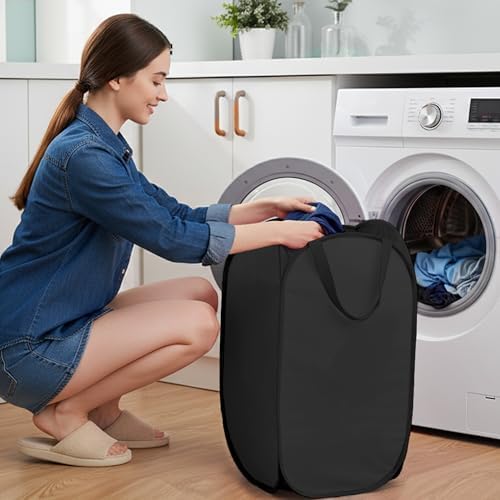 Pop Up Laundry Hamper with Side Pockets, Foldable Laundry Basket Reinforced, Privacy Protection Collapsible Basket, Sturdy and Lightweight Clothes Hamper for Dorm, Bedrooms, Bathrooms, Travel black - Image 2
