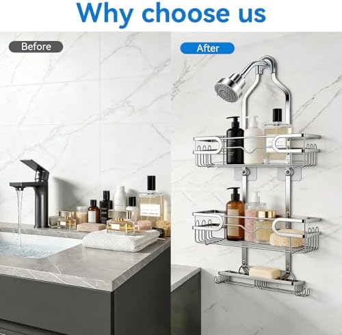 Shower Caddy Hanging, Over Head Shower Caddy Shower Storage Rack Basket with Hooks for Razor and Sponge Rustproof, No Drilling, Accessories for Bathroom and Kitchen, Chrome - Image 6