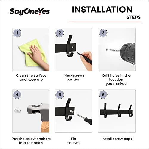Coat Rack Wall Mount – 9 Inch Stainless Steel Small Hook Rail with 3 Double Coat Hooks for Hanging – Wall Mounted Entryway Organizer for Coats, Hats, Bags, Towels, Robes, Bedroom or Bathroom - Black - Image 6