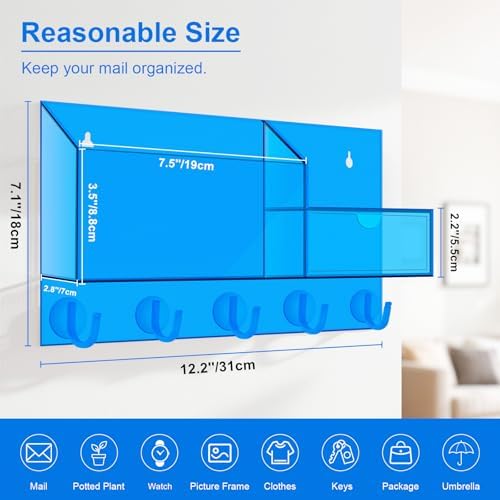 Acrylic Key Holder Wall Mount Mail Organizer for Wall with Shelf Storage Drawer and 5 Hooks, Blue - Image 3