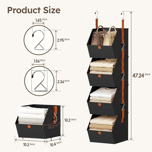 Homsorout Hanging Closet Organizer 4 Tier - Clothes Hanging Shelves, Space-Saving Closet System, Fabric Storage Bins Bedroom Organization, Collapsible Baskets for Home, Dorm, Rv, Black - Image 6