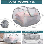2 Pack Collapsible Laundry Baskets, 90L Large Foldable Laundry Basket, Durable Mesh Pop Up Hampers for Laundry, Dirty Clothes Laundry Hamper for Bedroom, Bathroom, Dorm, Laundry Room, Travel Grey - Image 4