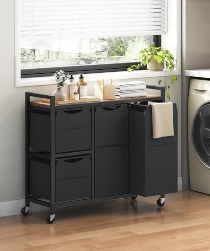 HOOBRO Laundry Sorter with 4 Section, 34 Gal. (127 L) Laundry Hamper with Wheels, Rolling Laundry Basket with Shelf, Pull-Out Detachable Bags, Side Pockets, Rustic Brown and Black BF14XY01N1 - Image 2