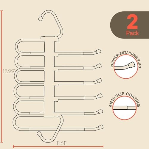 Campior Space Saving Pants Hangers 2 Pack, 6 Layer Jeans Hangers and Closet Organizer for Jeans, Scarves, & Skirts, Multi-Layer Hanger with Anti-Slip Stopper, Heavy-Duty S-Type Stainless Steel, Gray - Image 2