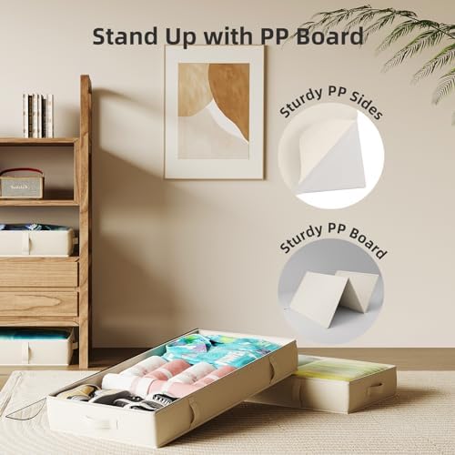 2-Pack Under Bed Storage Containers, 6 Inches Tall Clothes Storage, Beige | High Side Collapsible Underbed Organizer Bin with Sturdy Sidewalls/Bottom, Cotton Linen Bins, For Seasonal Clothes & Bedding - Image 6