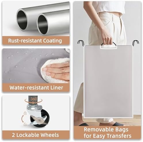 STORAGE MANIAC 3 Section Laundry Sorter, 35.6 Gal (135 L) Laundry Hamper Cart with Heavy Duty Rolling Lockable Wheels and Removable Bags, Clothes Organizer Basket Separator Hamper, Gray - Image 5