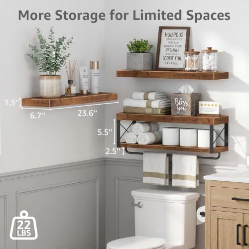 QEEIG Bathroom Shelves Over Toilet - Floating Shelf for Wall Toilet Paper Storage Farmhouse 24 inch Long Set of 3, Rustic Brown (029-60BN3) - Image 3