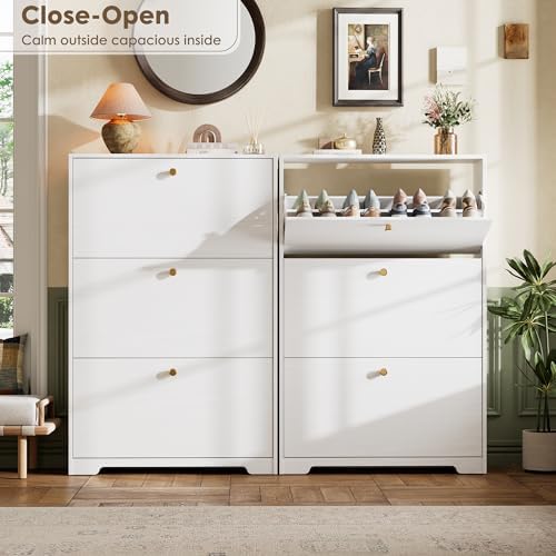 Nicetree Shoe Cabinet with 3 Flip Drawers, Narrow Shoe Organizer Cabinet, Freestanding Shoe Rack Cabinet, Modern Shoe Storage Cabinet for Entryway, Hallway, Foyer, White - Image 3