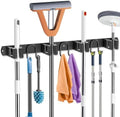 Broom Holder Wall Mount, Stainless Steel Mop Hanger with 4 Slots 6 Hooks, Tool Storage Wall Organizer for Kitchen Garden Garage Laundry Room Bathroom and RV, Black 1-Pack by GUUKAR