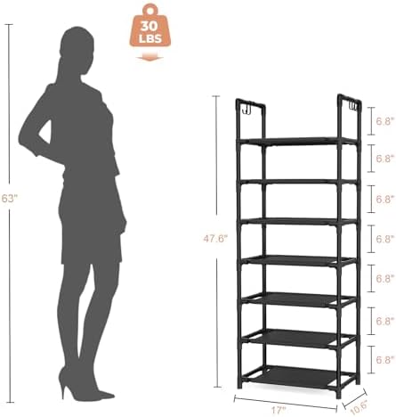 LANTEFUL 7 Tiers Shoe Rack 18-20 Pairs Boots Organizer Storage Sturdy Narrow Shoe Shelf for Entryway, Closets with Hooks, Black - Image 3
