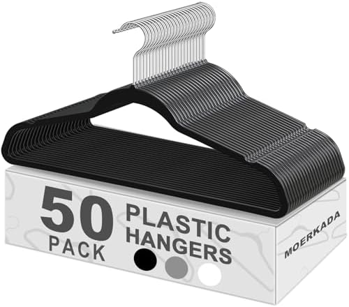 50 Pack Slim Plastic Clothes Hangers, Black | 17.7 in adult size, 0.2 in profile, non-velvet ABS, anti-slip grooves, Closets/dorms/laundry by MOERKADA