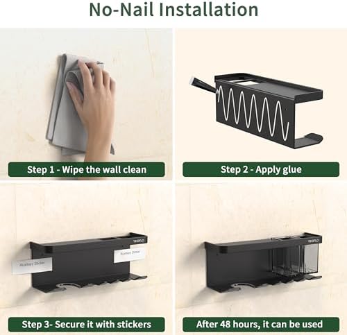 Hair Dryer Holder Wall Mounted Adhesive/Drilling, Hair Dryer Storage Organizer with Shelf & Hooks for Bathroom, Blow Dryer Holder, Hair Tool Organizer (Black) - Image 6