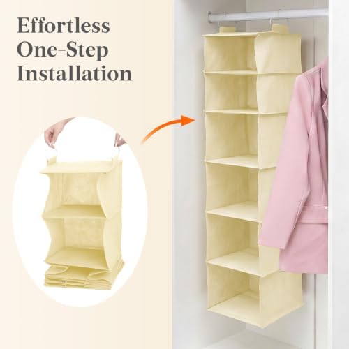Lifewit Hanging Closet Organizer and Storage for Clothes 6 Tier | Portable, Foldable, Fabric, Top of Shelves with 2 Sturdy Hooks, Clothing Organization for Wardrobe, Dorm, Bedroom, Beige - Image 6