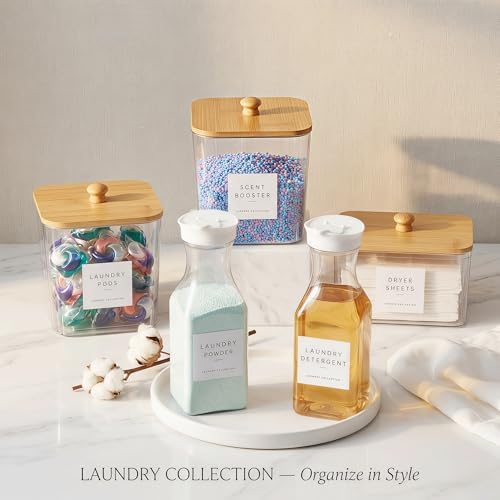 3+2 Pack Laundry Pods Containers & Dryer Sheet Holder & Laundry Detergent Dispenser, Laundry Room Organization and Storage Jars with Lids, Labels and Scoops for Scent Booster, Powder, Pods - Image 2