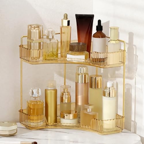 INVSSENE Corner Bathroom Countertop Organizer, Vanity Organizer Trays for Counter, Makeup Organizers, Perfume Tray, Skincare Shelf Storage Gifts for Women Girl Student (Yellow, 2 Tiers) by INVSSENEORGANIZERS