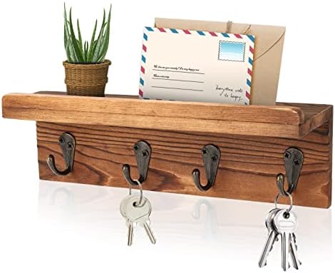HRONRAD Rustic Key Holder for Wall, Farmhouse Wall Shelf with 4 Hooks, Wall Mounted Key Racks, Wooden Mail Organizer with Hooks for Entryway (Brown - Pine) by Hronrad