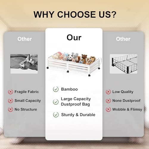 Under Bed Storage with Wheels-Large Bamboo Underbed storage Containers with Large Dust Bag Stackable Under the Bed Shoe Storage Bins for Clothes Books Bedding (2 Packs White, 33.07"L×16.54"W× 6.5"H) - Image 3
