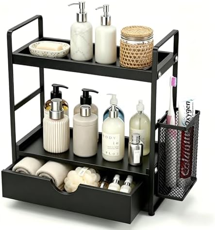 LEMIKKLE Bathroom Counter Organizer with Basket, Bathroom Organizers and Storage,Skincare Organizers for Vanity,Storage Organizers for Bathroom, Kitchen, Dresser (Black with Drawer) by LemikkleDirect