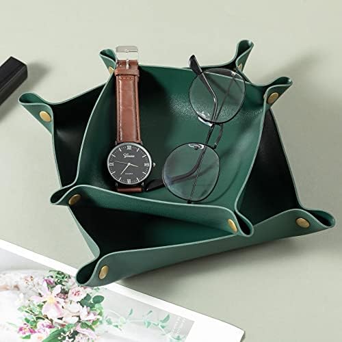 3 packs PU Leather Tray in 3 Sizes Jewelry Tray Glossy Leather Desk Organizer Leather Catchall Tray for Jewelry/Key/Coin/Sun Glasses/Watch/USB Cables etc. (blackish green) - Image 5
