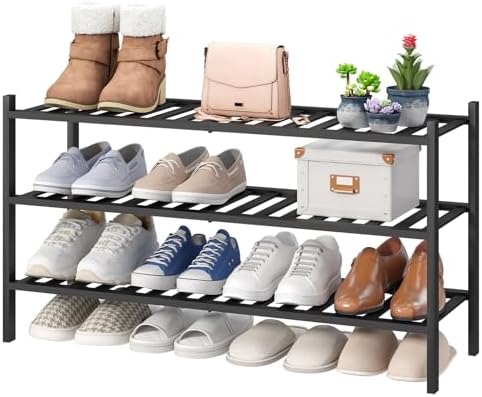 viewcare 3-Tier Long Black Shoe Rack, Bamboo Wood Shoe Rack for Closet, Entryway & Hallway, Stackable | Functional | Sturdy by VIEWCARE