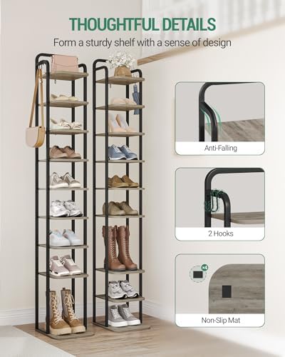 Hzuaneri 10 Tiers Vertical Shoe Rack, Narrow Shoe Tower, Tall Shoes Shelf with 2 Hooks, Adjustable Shelves, Corner Shoes Shelves for Small Spaces, Entryway, Living Room, Greige SR11205B - Image 3