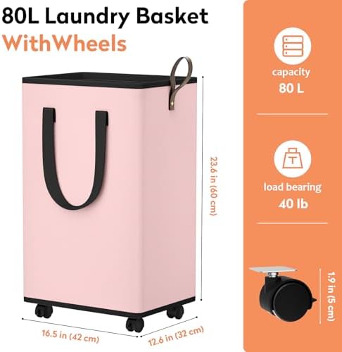 SpaceTrove Rolling Laundry Basket with Wheels, Laundry Hamper, 80L, Pink - Image 4
