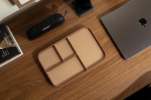 MUUJEE Leather Catchall Multitray (Design 1) - 11.65 x 7.75 x 0.8, Everyday Watch and Wallet Caddy Organizer with 4 Compartments, Accessory Glasses Phone Valet Dump Tray for Bedside Nightstand, Tan - Image 2