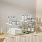 Delamu 4 Pack 2-Tier Bathroom Under Sink Organizers and Storage, Multi-Purpose Stackable Pantry Organization and Storage, Pull Out Clear Kitchen Bathroom Cabinet Organizer with Movable Dividers, White - Image 4
