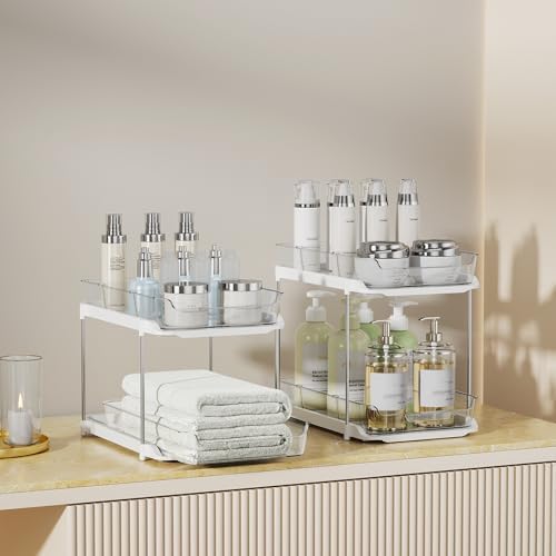 Delamu 3 Pack 2-Tier Bathroom Under Sink Organizers and Storage, Multi-Purpose Stackable Pantry Organization and Storage, Pull Out Clear Kitchen Bathroom Cabinet Organizer with Movable Dividers, White - Image 5