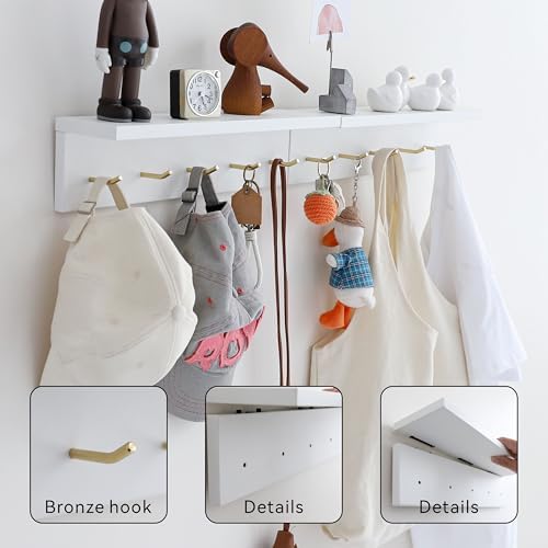 Marine Plywood Wall Mounted Coat Rack with Shelf & Key Hooks, 5 Brass Hooks Entryway Organizer, Modern Floating Shelf for Bedroom Hallway, Space-Saving Home Storage Rack (2, White) - Image 2
