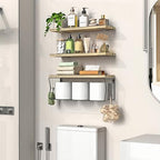 Floating Bathroom Shelves Wall Mounted - Wooden Shelf Set of 3 for Over Toilet Storage & Farmhouse Bathroom Decor - Perfect Shelving Organizer for Apartments RVs Powder Room Restroom - Wood - Image 2
