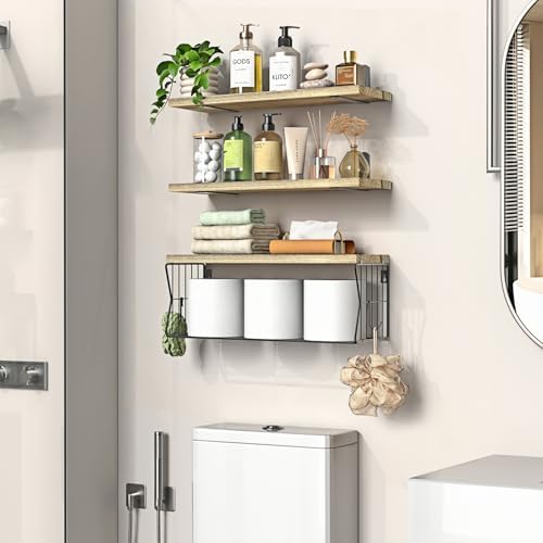 Floating Bathroom Shelves Wall Mounted - Wooden Shelf Set of 3 for Over Toilet Storage & Farmhouse Bathroom Decor - Perfect Shelving Organizer for Apartments RVs Powder Room Restroom - Wood - Image 2