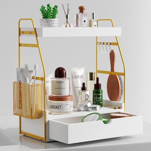 2 Tier Bathroom Counter Organizer with Drawer & Basket, Wooden Vanity Tray Countertop Shelf Accessories for Makeup Storage, Coffee Bar Station, Perfume Skincare, Kitchen, Bedroom (White) - Image 7
