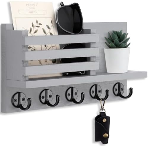 Lwenki Key Holder for Wall – Decorative Wooden Mail Holder and Key Shelf with Mounting Hardware, Installation Guide – Paulownia Wood with Metal Key Hooks (Gray, Large - 11.8inch) by Lwenki