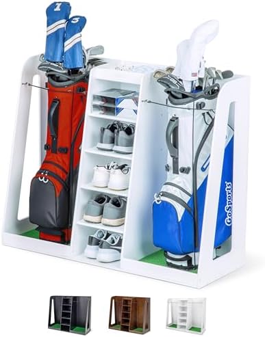 GoSports Premium Wooden Golf Bag Organizer and Storage Rack - Black, White or Brown Finish - Holds 2 Golf Bags by GoSports