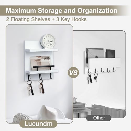 Key Holder Wall Mount, Mail Shelf Decor with 3 Key Hooks, Versatile Wood Wall Organizer for Entryway Hallway (8.2” x 10.6”x 3.6”) (White) - Image 4