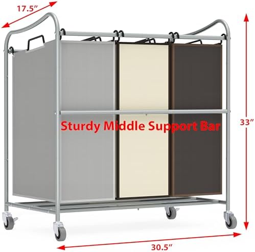 Simple Houseware Heavy Duty 3-Bag Laundry Sorter Rolling Cart, Assorted - Image 3