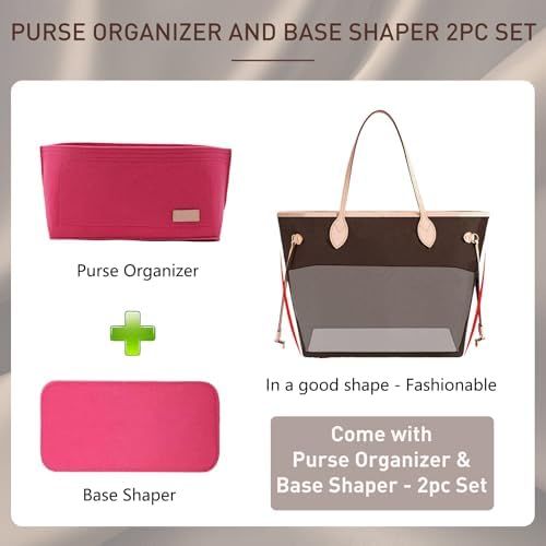 Doxo Purse Organizer Insert for Handbags & Base Shaper 2pc Set, Felt Neverfull PM Organizer Insert, Tote Bag Organizer with Zipper Pocket and Bottle Holder, Fit Neverfull PM and More, Rose-M - Image 3