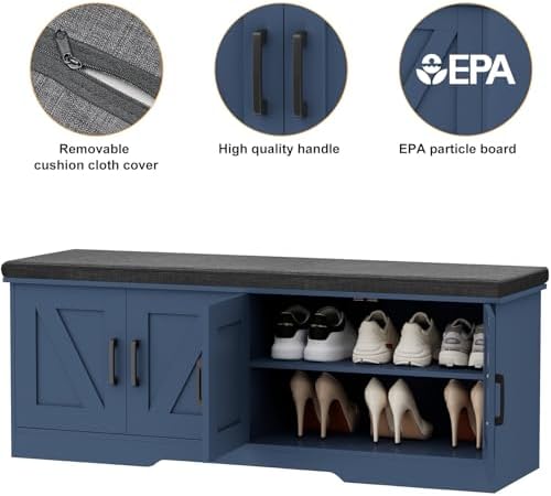 HOMSHO Farmhouse Shoe Storage Bench with 4 Barn Doors & Padded Seat Cushion - Image 6