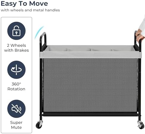 STO STO Laundry Hamper 4 Section, 140L Rolling Laundry Sorter Cart with Removable and Washable Liner Bag, Clothes Hamper with Wheels and Metal Handle for Laundry Room and Bedroom, Gray - Image 7