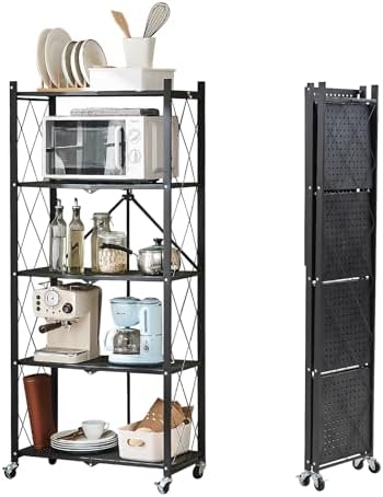 BRIAN & DANY 5-Tier Foldable Storage Shelves with Wheels, Folding Metal Rack Shelving Unit, Heavy Duty No Assembly Organizer Shelf for Garage, Kitchen, Basement, Pantry, Black by BRIANDANY